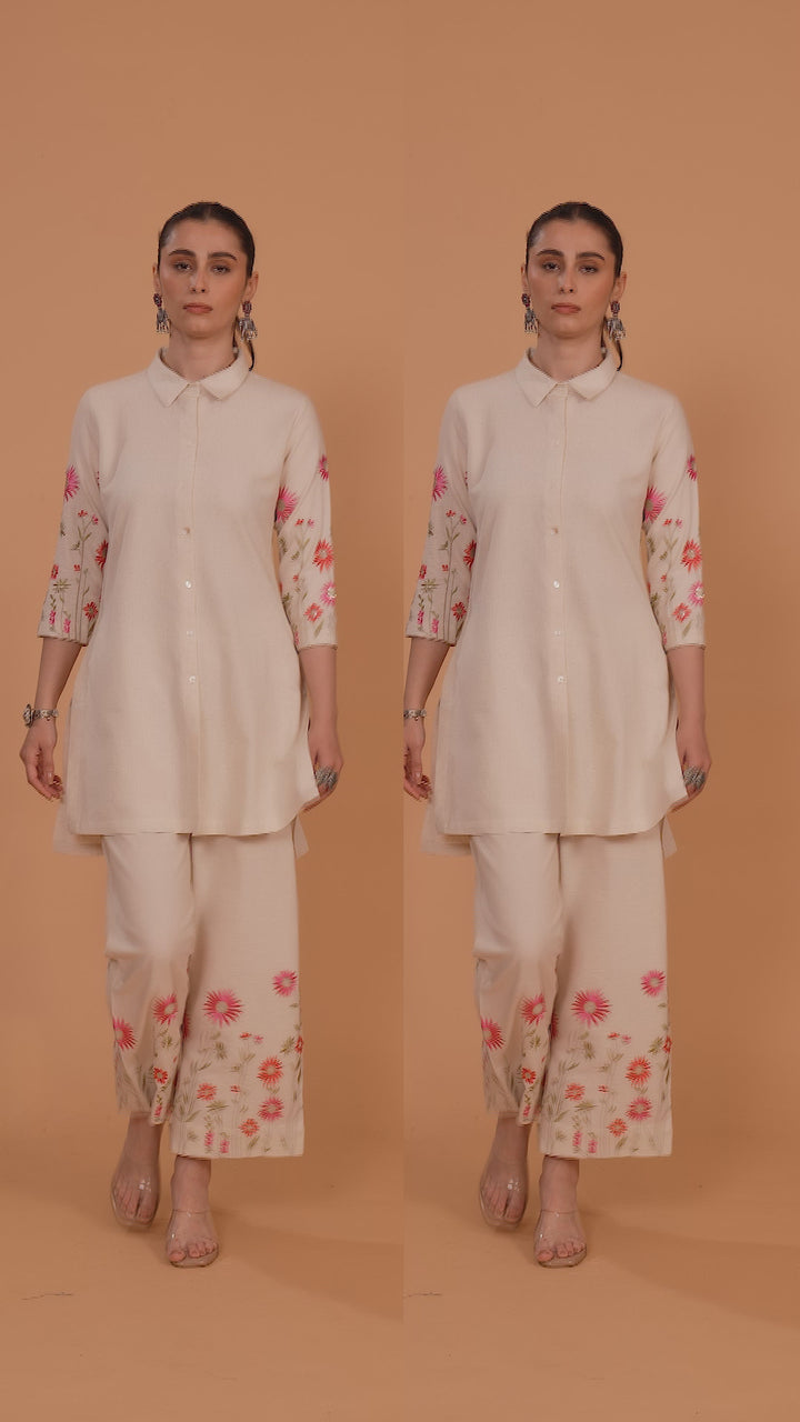 Cream Cotton Flex Embroidered Straight Kurta Pant Co ord Set