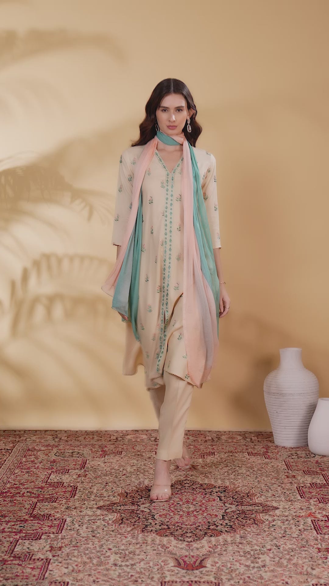 Off White Rayon Embroidered Straight Kurta Pant and Dupatta Suit Set