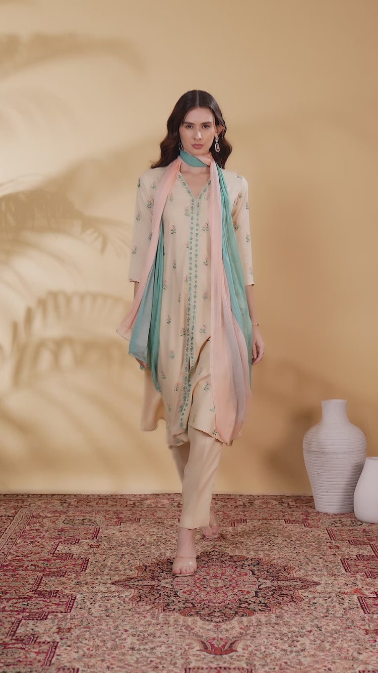 Off White Rayon Embroidered Straight Kurta Pant and Dupatta Suit Set