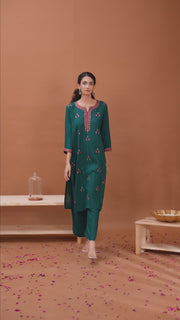 Dark Teal Embroidered Straight Cotton Co-ord Set