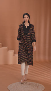 Brown Floral Printed Cotton Straight Kurta