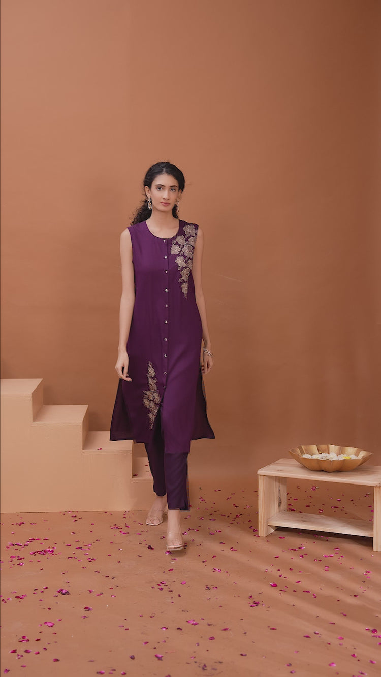 Purple Embroidered Straight Co ord Set