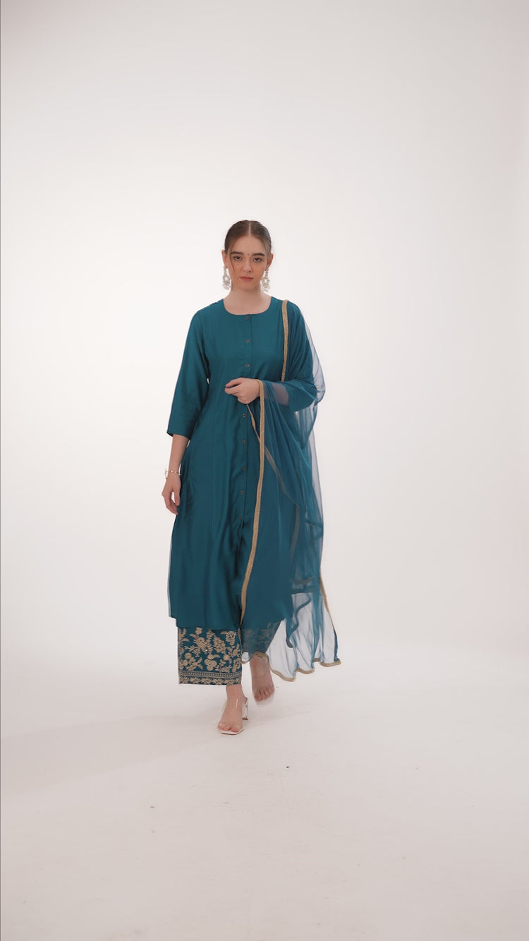 Royal Blue PolySilk Embroidered A Line Kurta Pant and Dupatta Suit Set