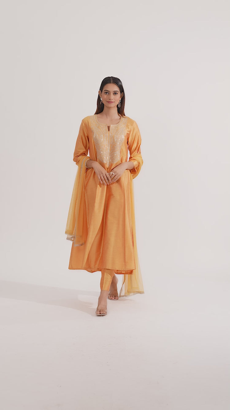 Mustard PolySilk Embroidered A Line Kurta Pant and Dupatta Suit Set