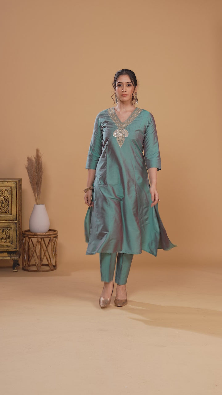 Turquoise Motif Embroidered Straight Co ord Set