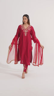 Maroon PolySilk Embroidered Straight Kurta Pant and Dupatta Suit Set