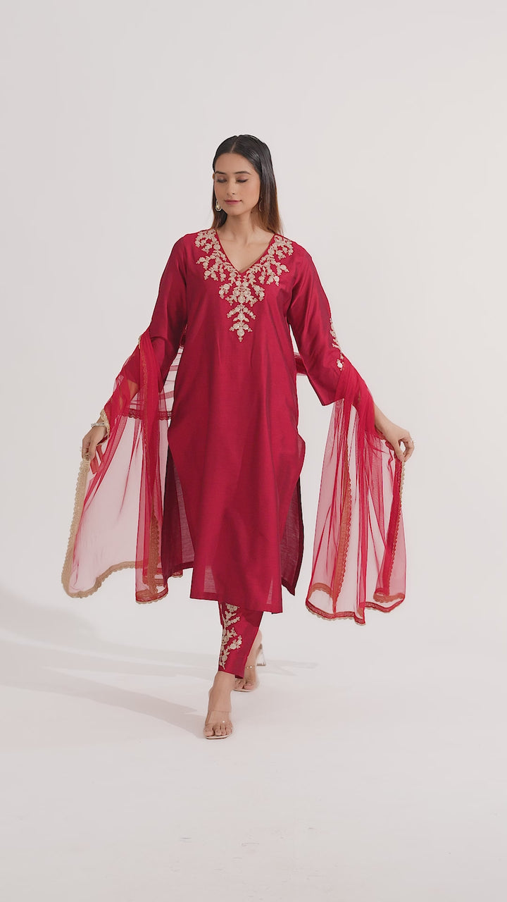 Maroon PolySilk Embroidered Straight Kurta Pant and Dupatta Suit Set