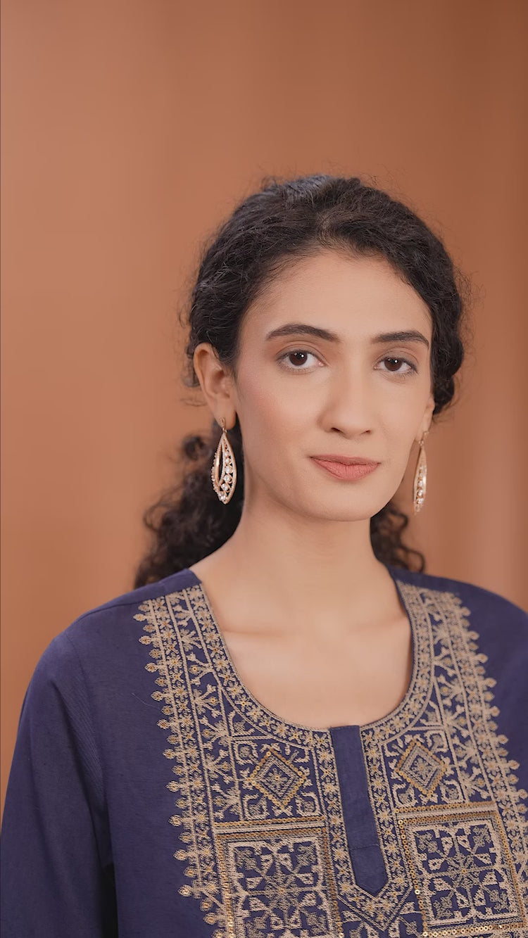 Navy Blue Embroidered Cotton Straight Kurta