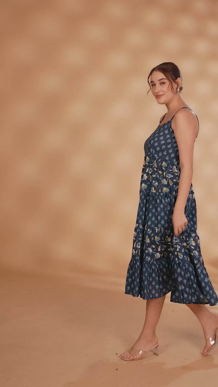 Navy Blue Floral Printed Tiered Cotton Flare Dress