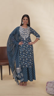 Dark Teal Embroidered Jaipuri Cotton Straight Kurta Palazzo Dupatta Suit Set