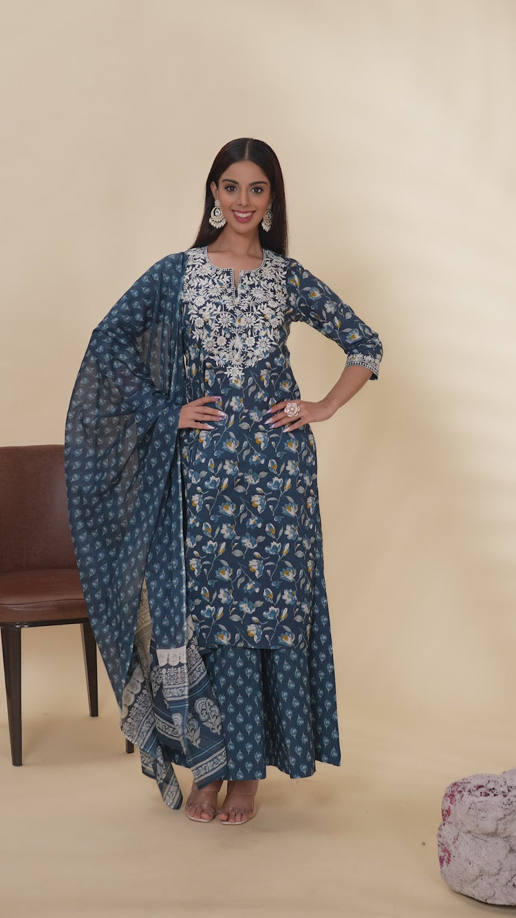 Dark Teal Embroidered Jaipuri Cotton Straight Kurta Palazzo Dupatta Suit Set