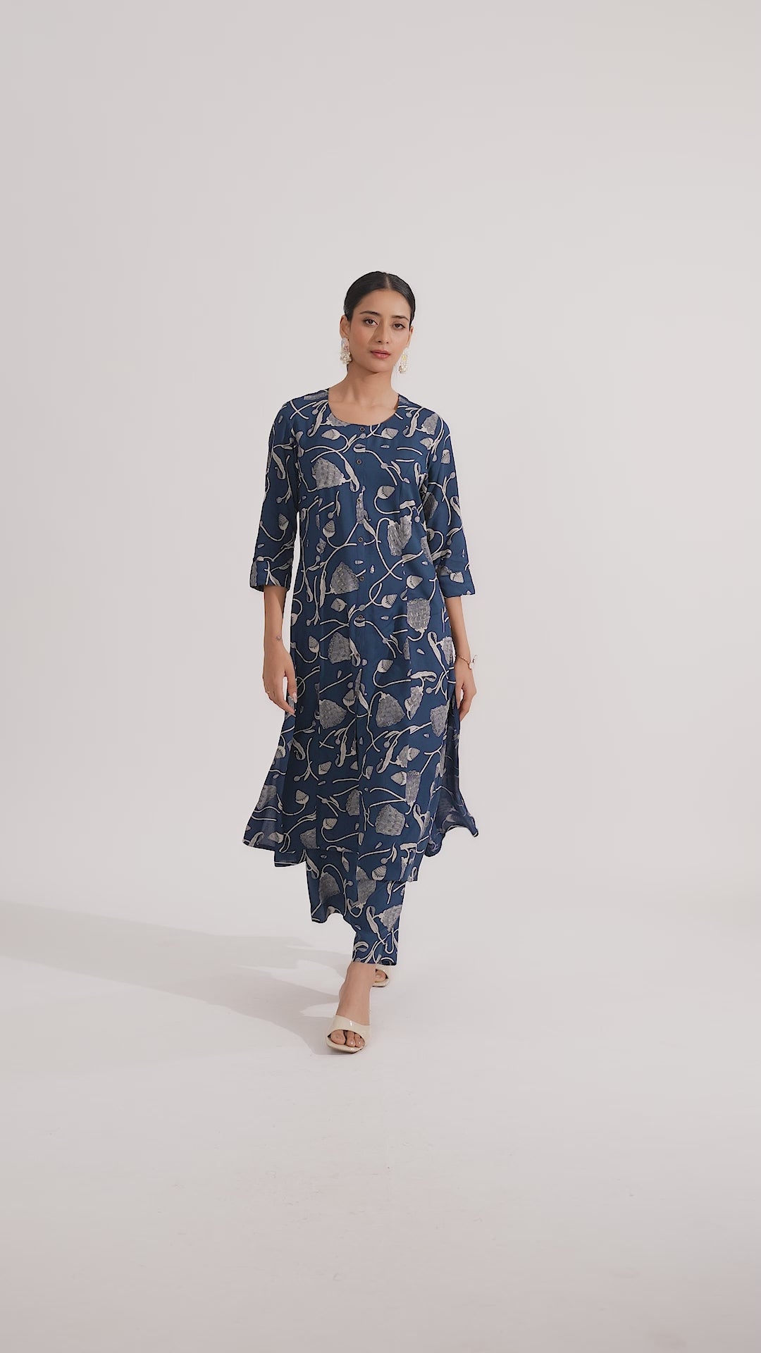 Navy Blue Rayon Floral Printed Straight Kurta Pant Co ord Set