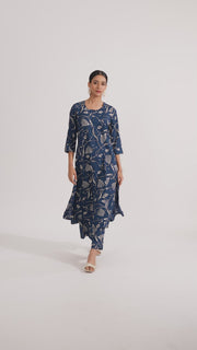 Navy Blue Rayon Floral Printed Straight Kurta Pant Co ord Set