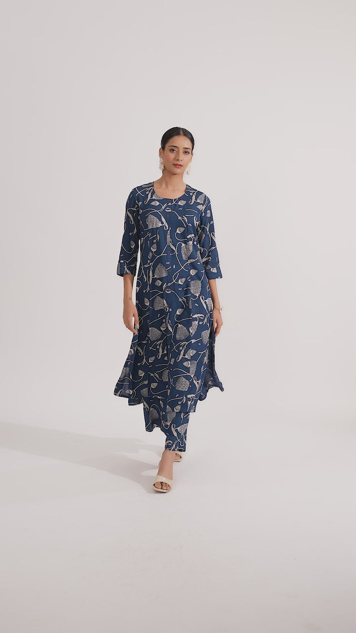 Navy Blue Rayon Floral Printed Straight Kurta Pant Co ord Set