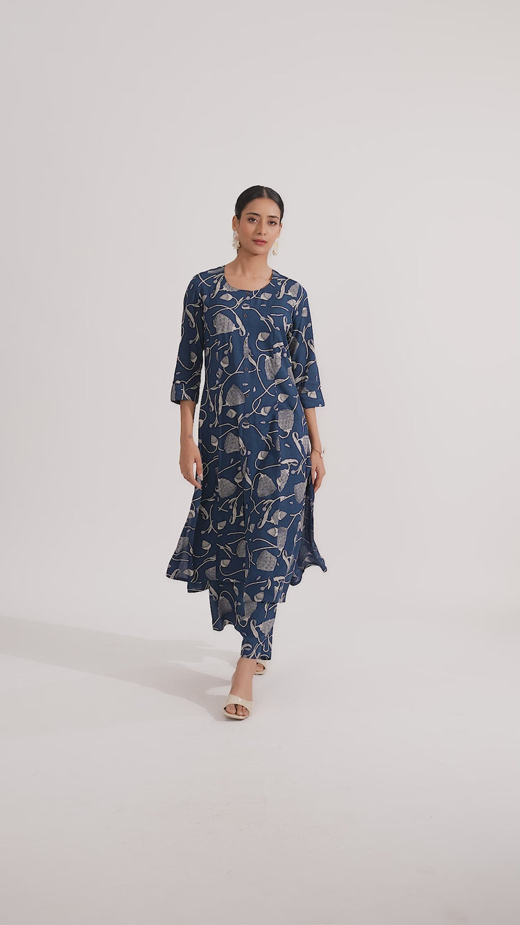 Navy Blue Rayon Floral Printed Straight Kurta Pant Co ord Set