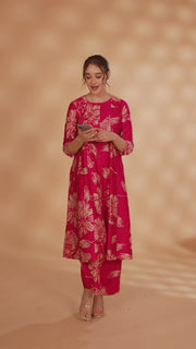 Rani Pink Soft Silk Printed Straight Kurta Pant Co ord Set for women