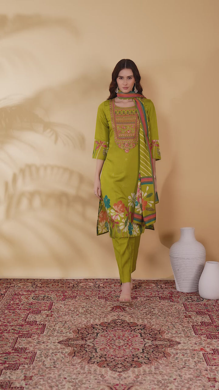Lime Green Chanderi Embroidered Straight Kurta Pant and Dupatta Suit Set