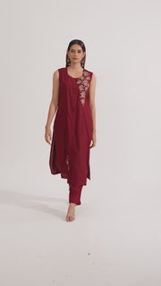 Maroon Rayon Embroidered Straight Kurta Pant Co ord Set