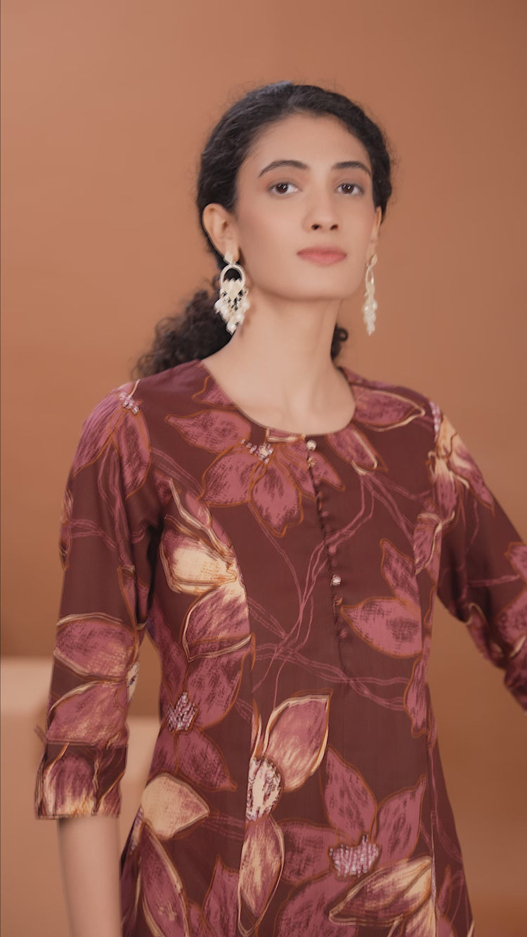 Wine Floral Printed Cotton A Line Co-ord Set