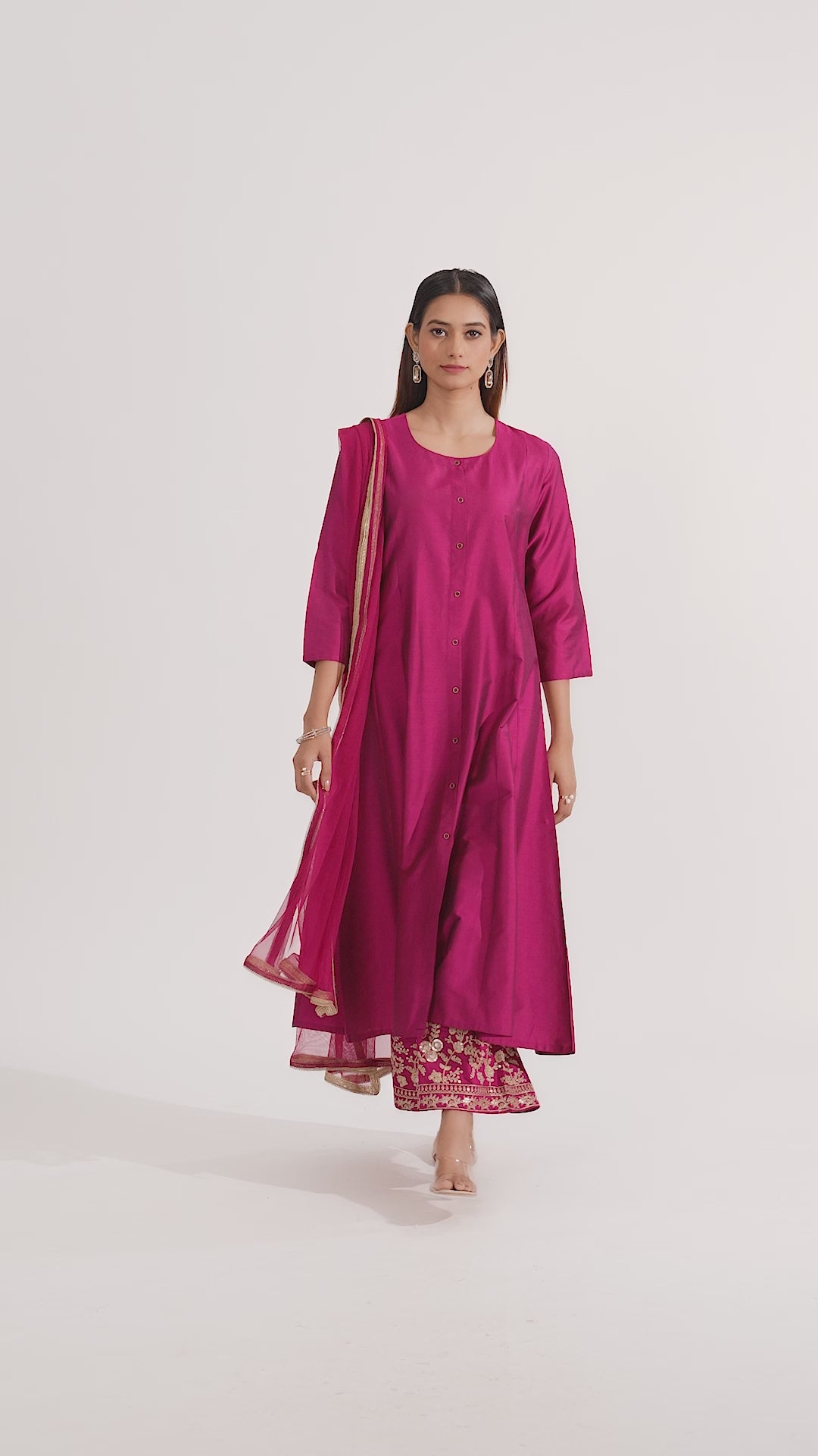 Magenta PolySilk Embroidered A Line Kurta Pant and Dupatta Suit Set