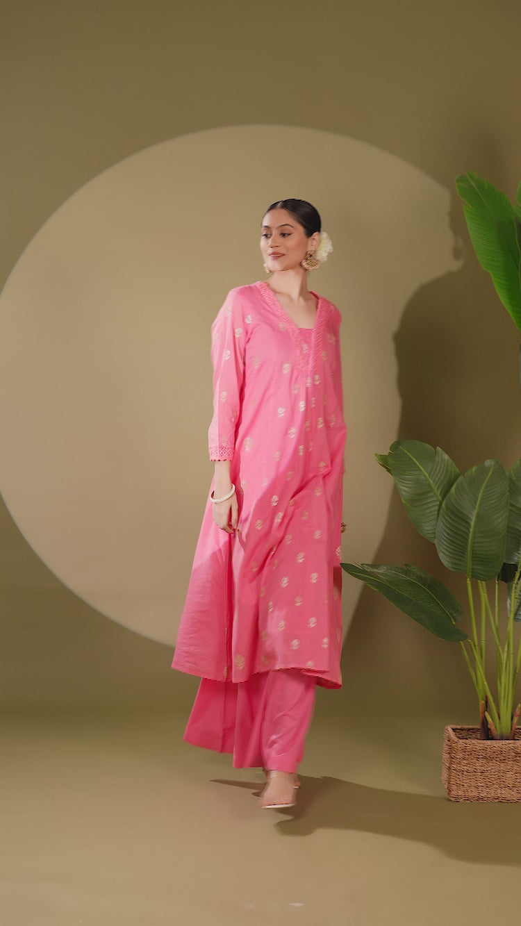 Pink Mulmul Embroidered A Line Kurta Pant Co ord Set
