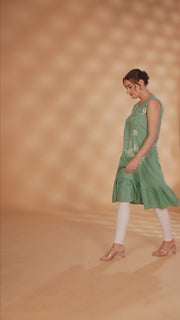 Mint Green Floral Embroidered Slub Cotton Sleeveless Kurti for women