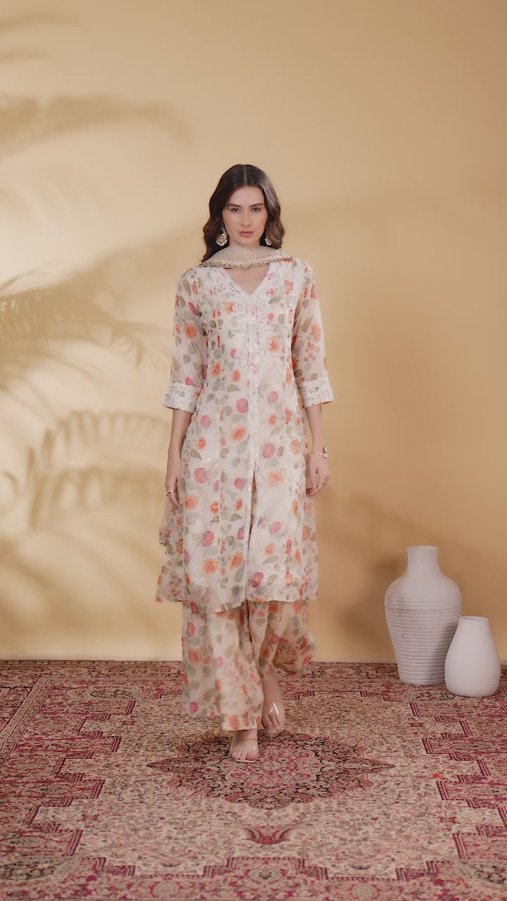 Cream Chinnon Embroidered A Line Kurta Pant and Dupatta Suit Set