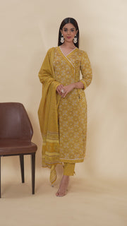 Yellow Printed Jaipuri Cotton A Line Kurta Pant Dupatta Suit Set