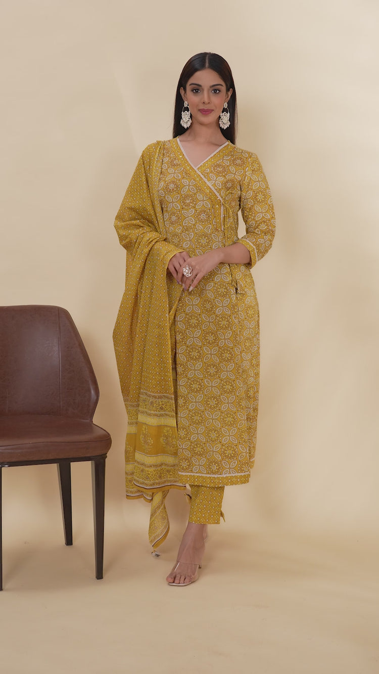 Yellow Printed Jaipuri Cotton A Line Kurta Pant Dupatta Suit Set