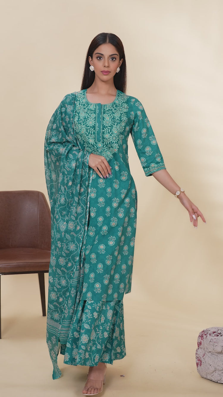 Teal Embroidered Jaipuri Cotton Straight Kurta Palazzo Dupatta Suit Set