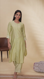 Pista Green Poly Silk Embroidered Straight Kurta Pant Co ord Set