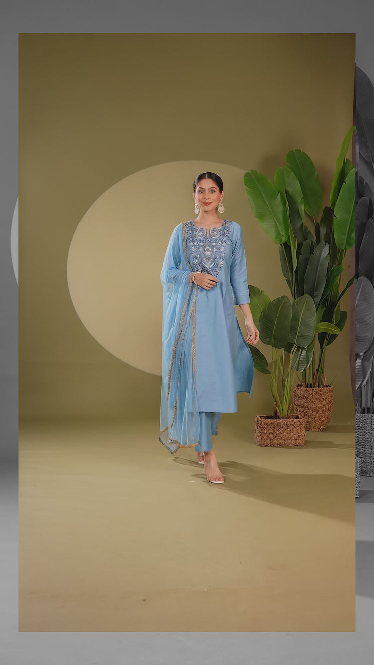 Light Blue PolySilk Embroidered A Line Kurta Pant and Dupatta Suit Set