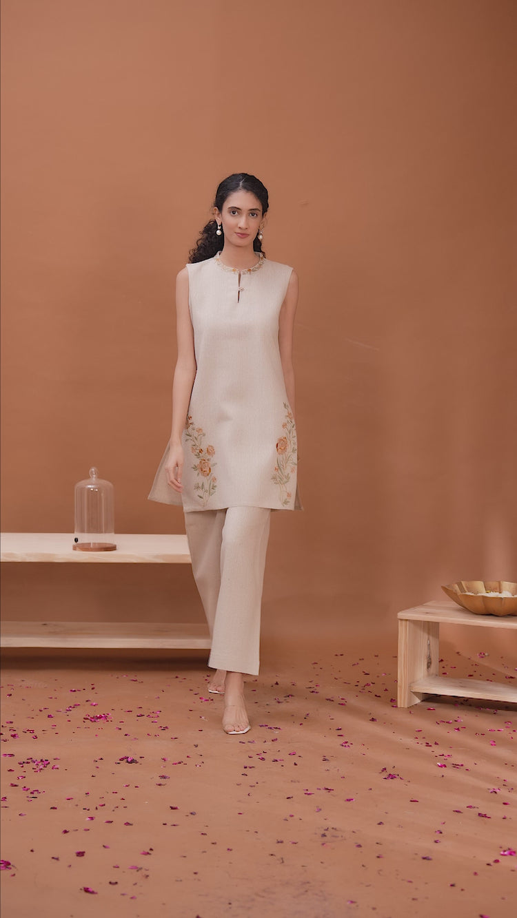 Off White Embroidered Cotton Straight Co-ord Set