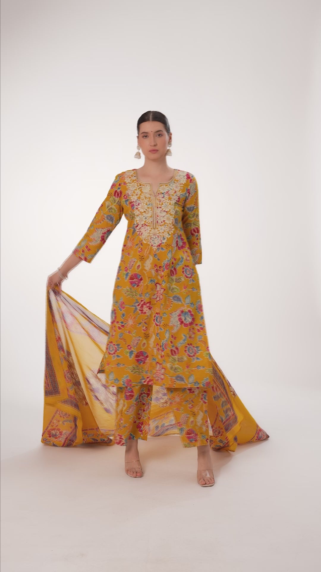 Mustard Cotton Embroidered Straight Kurta Pant and Dupatta Suit Set