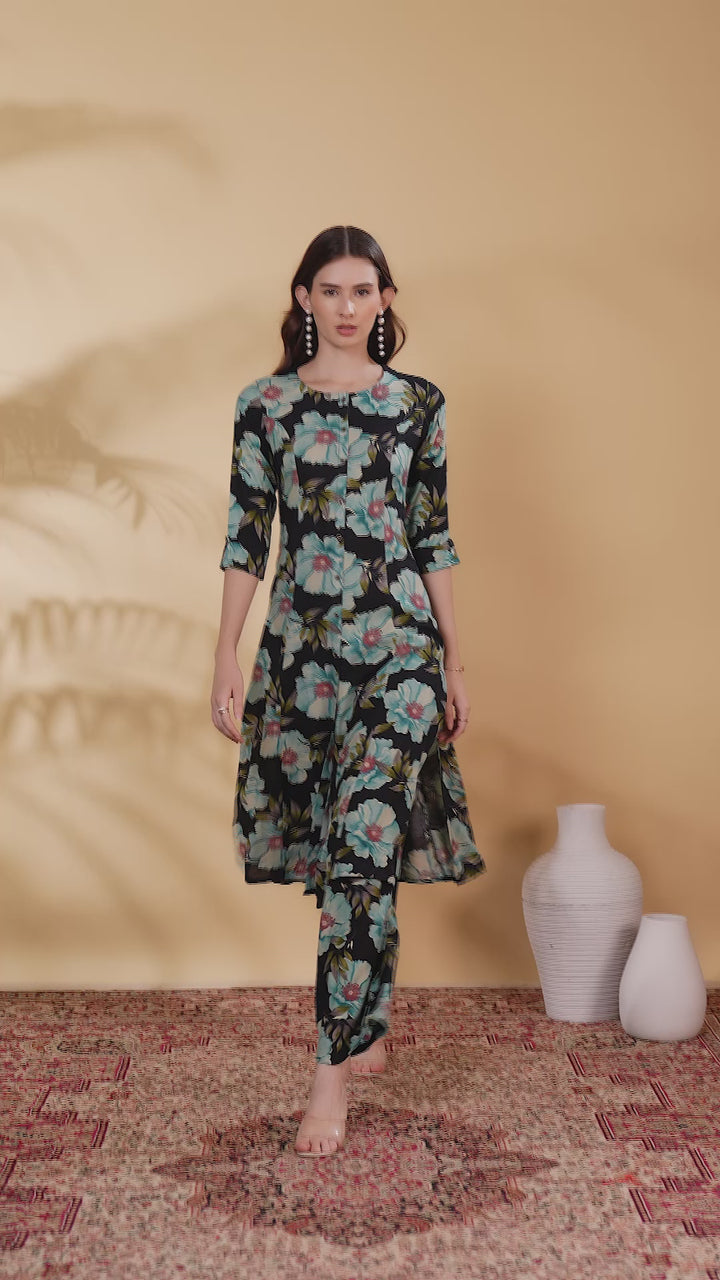 Black Rayon Printed Straight Kurta Pant Co ord Set
