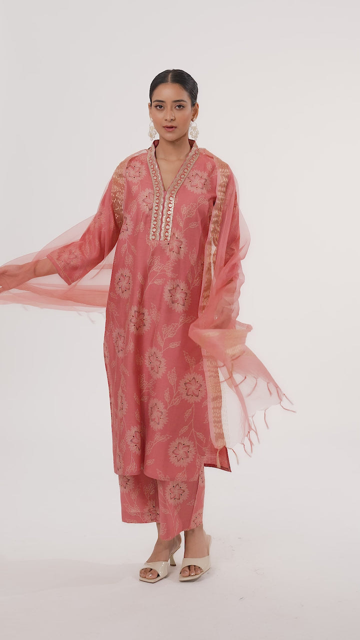Peach Viscose Embroidered Straight Kurta Pant and Dupatta Suit Set