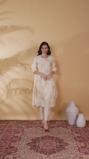 Cream Cotton Embroidered A Line Kurta Pant and Dupatta Suit Set