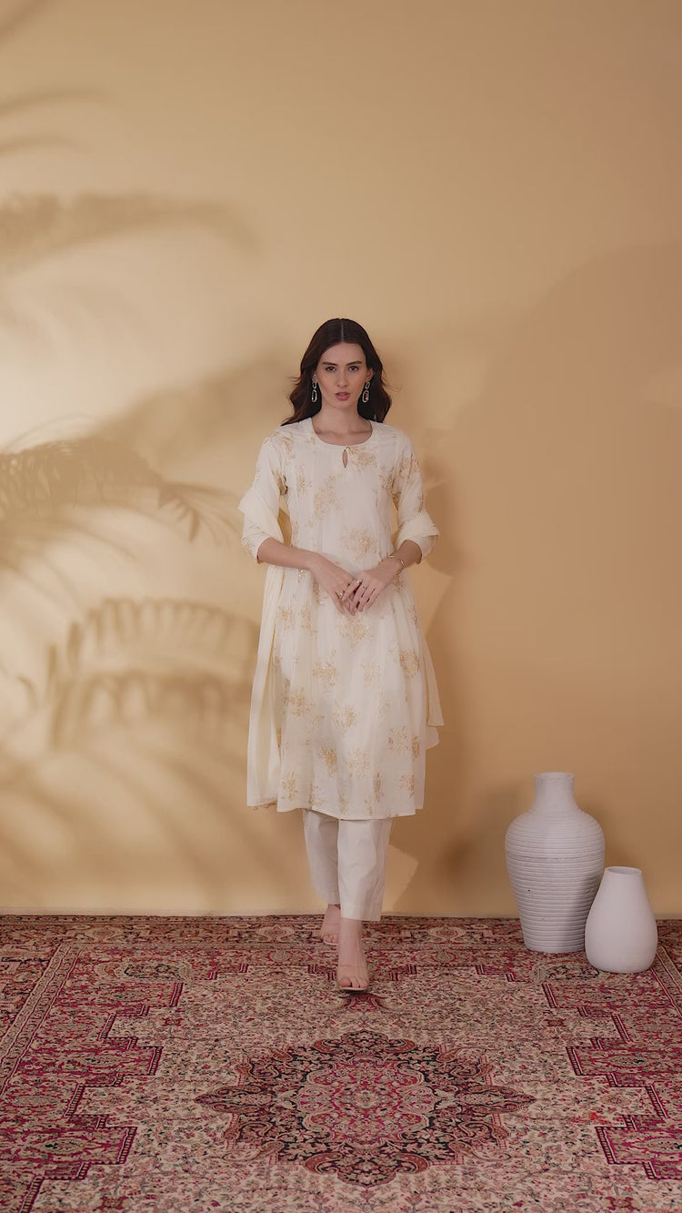 Cream Cotton Embroidered A Line Kurta Pant and Dupatta Suit Set
