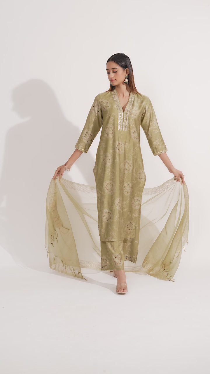 Pastel Pistachio Viscose Embroidered Straight Kurta Pant and Dupatta Suit Set
