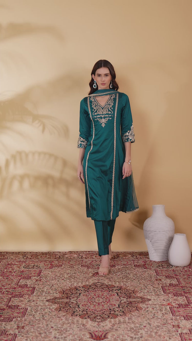 Teal Embroidered Straight Ethnic Set