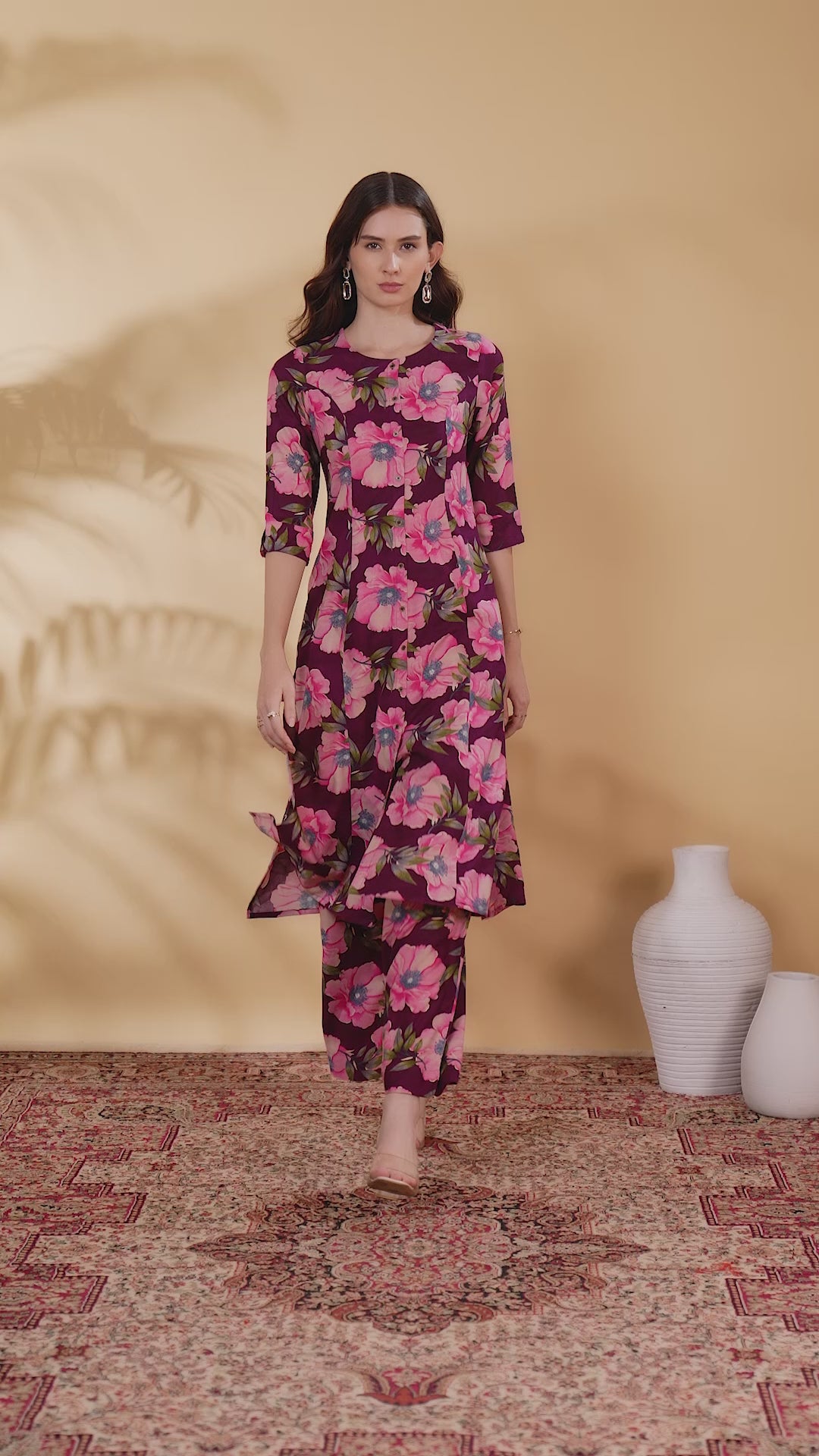Wine Rayon Printed Straight Kurta Pant Co ord Set