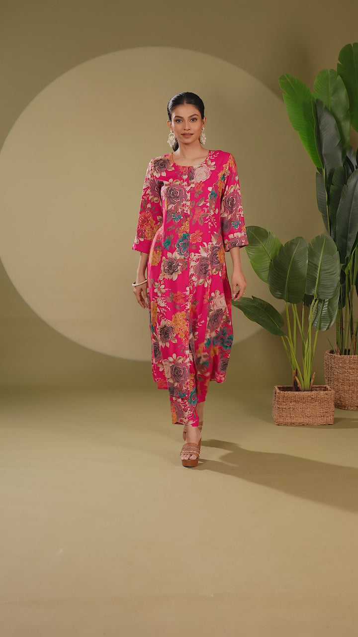 Rani Pink Rayon Printed Straight Kurta Pant Co ord Set