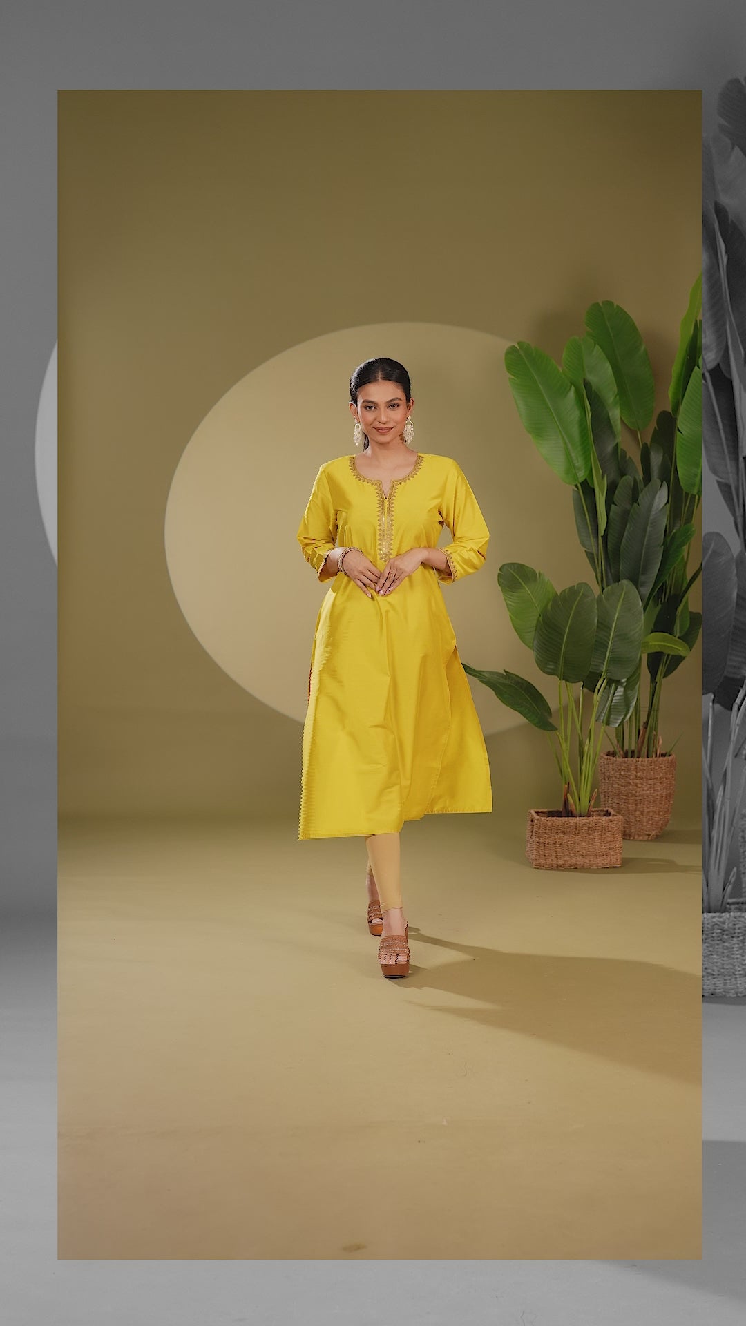 Mustard PolySilk Embroidered Straight Kurta