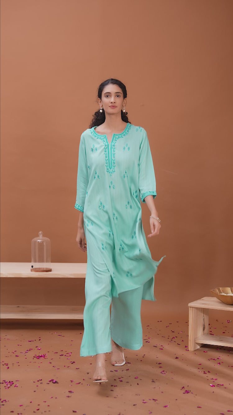 Sky Blue Embroidered Straight Cotton Co-ord Set