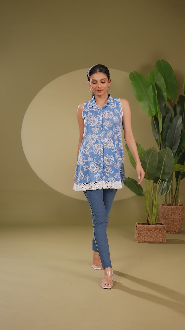 Sky Blue Cotton Printed A Line Short Kurta