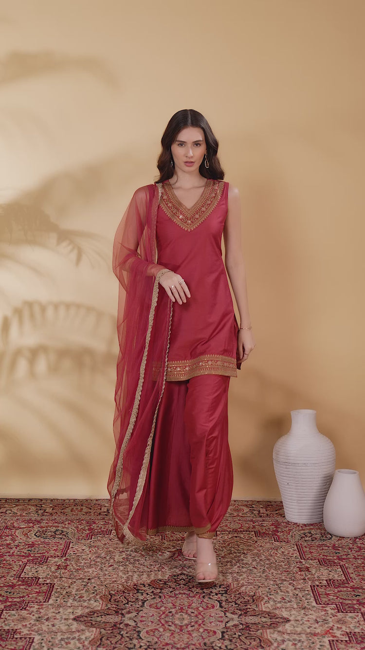 Rust PolySilk Embroidered Straight Kurta Palazzo and Dupatta Suit Set
