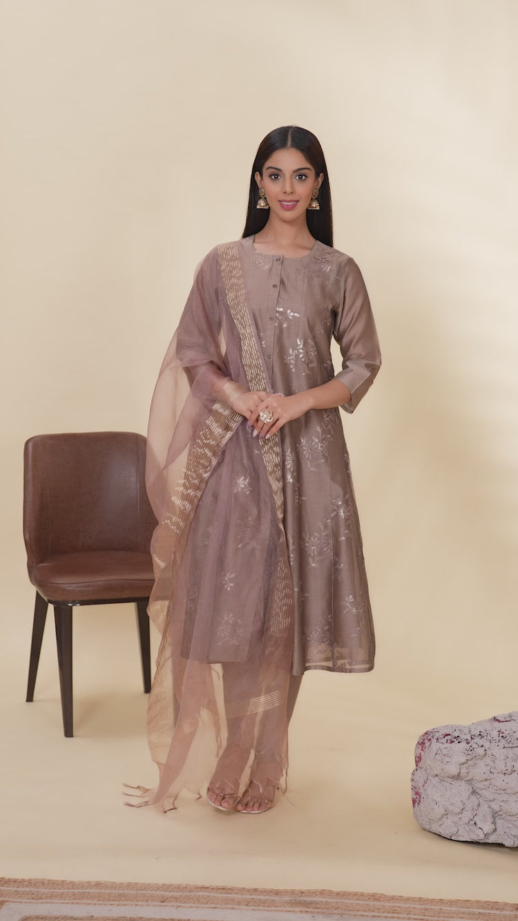 Brown Embroidered Chanderi A Line Kurta Pant Dupatta Suit Set
