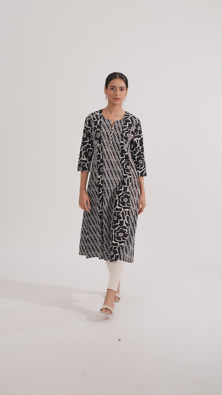 Black Cotton Flex Printed A Line Kurta