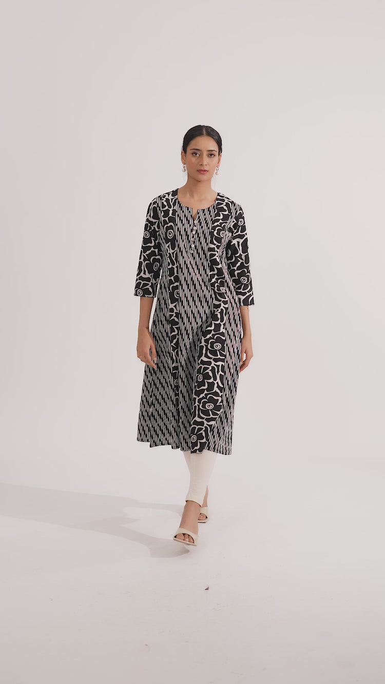 Black Cotton Flex Printed A Line Kurta