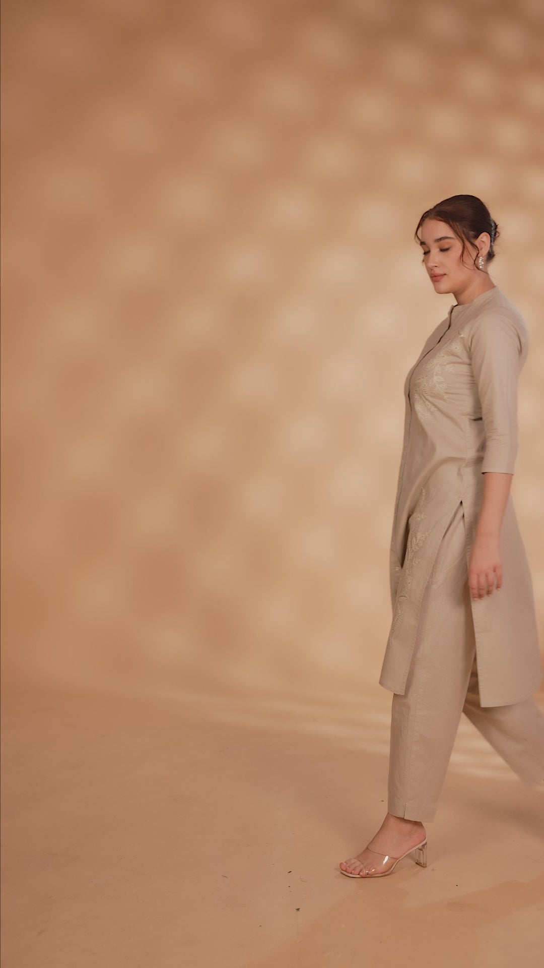 Beige Emboridered Flax Cotton A Line Kurta Pant Co ord Set